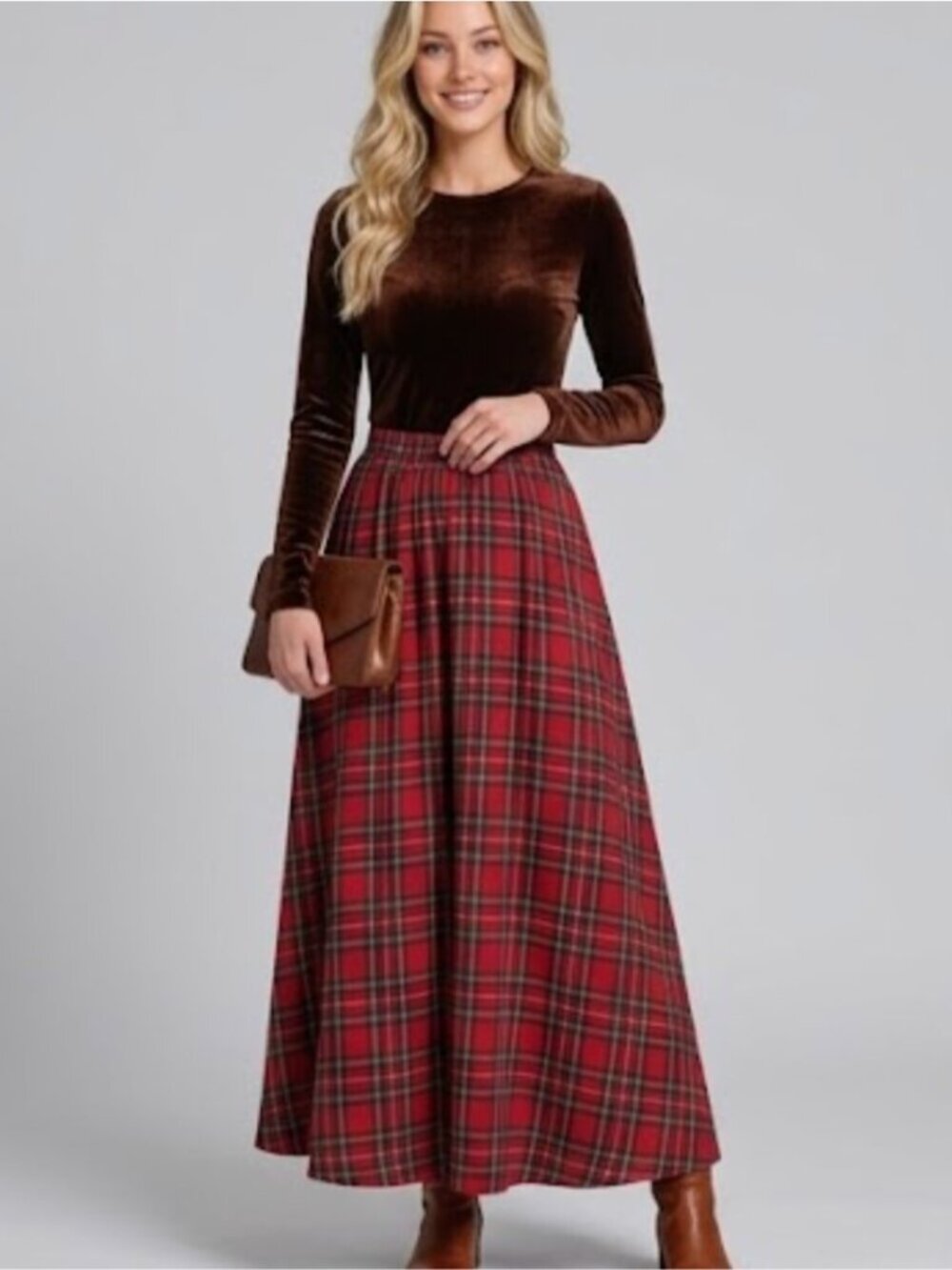 Red Tartan Plaid Maxi Skirt | High-Waisted A-Line Holiday Flared Long Skirt